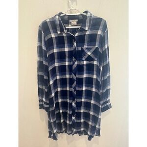 BLL nyc Women Navy Blue White Plaid Rayon Button Down Tunic Shirt XL RN153435